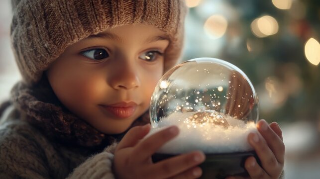  child holding a snow globe with wonder in their eyes. 