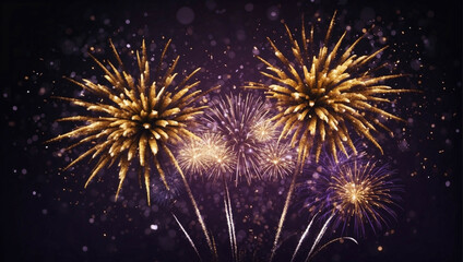 Fototapeta premium Golden and dark violet fireworks illuminate the sky during New Year celebrations
