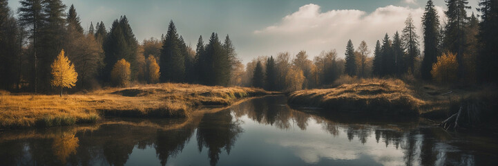 Fototapeta premium Serene autumn landscape with tranquil river and golden trees reflecting in water