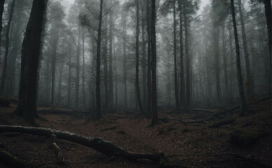 Obraz premium A misty dark forest filled with tall trees and fallen branches during a gloomy day