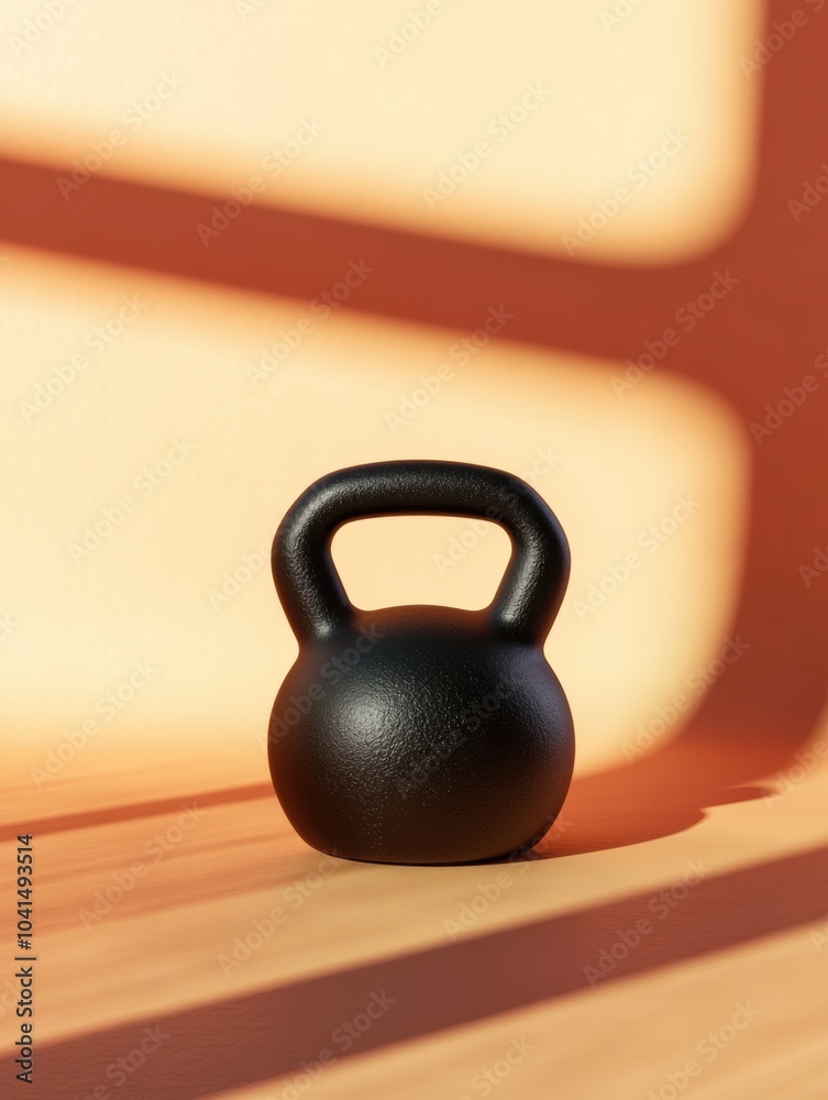 Poster a black kettlebell rests on a wooden surface, illuminated by warm sunlight, creating a serene atmosp