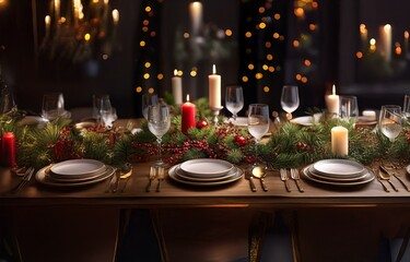 A beautifully set table with candles, wine glasses, and festive greenery.