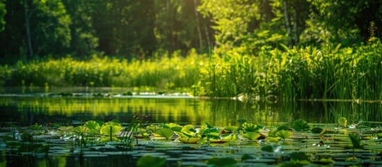 Fototapeta premium Green Spot Of Water Lilies In Fresh Water Summer On The Tobol River