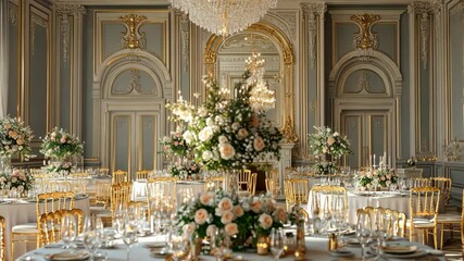 A grand ballroom is set for a formal dinner, with white linens, gold chairs, and elaborate floral centerpieces