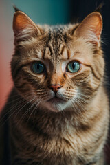 Fototapeta premium Surprised cat with big blue eyes gazing intensely in a cozy indoor setting