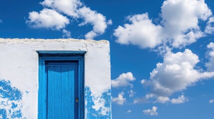 Vibrant blue door set against a bright blue sky adorned with fluffy clouds