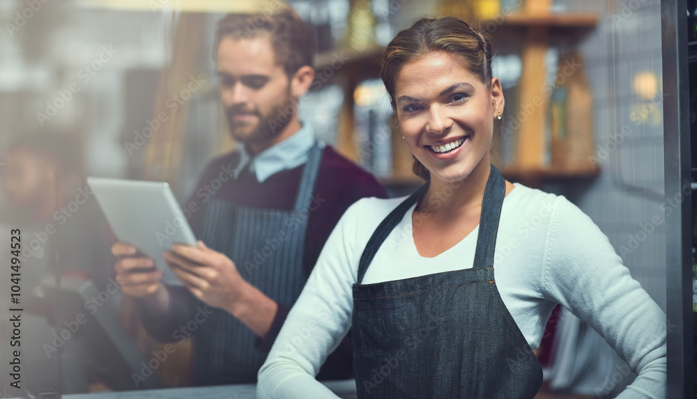 Wall mural barista, woman and portrait with smile in cafe for customer service, welcome and hospitality. small 