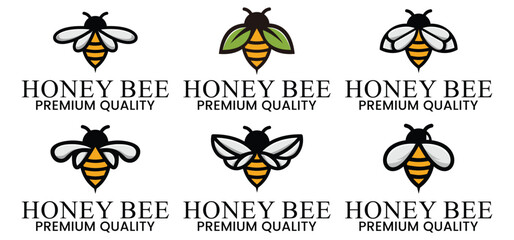 set honey bee logo. honeycomb vector, in line style with modern concept