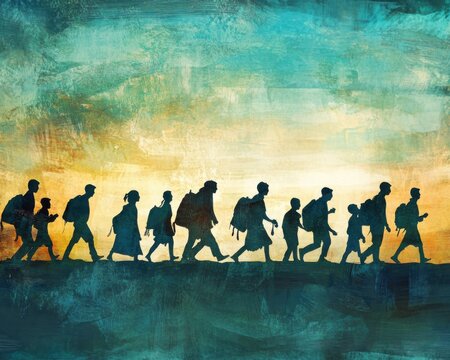 Illustration of people carrying belongings, walking in recognition of International Migrants Day
