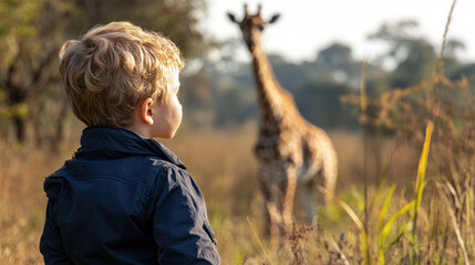 Canadian little boy with giraffe on wildlife savannah safari park africa