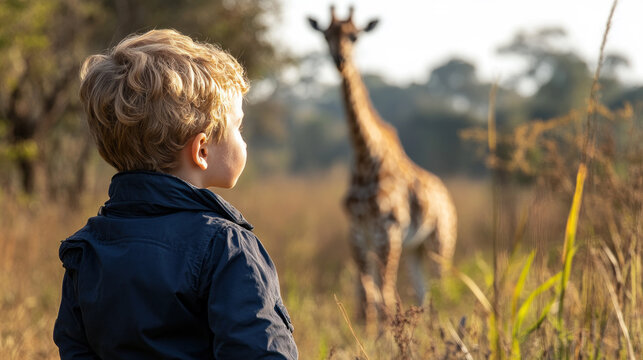 Canadian little boy with giraffe on wildlife savannah safari park africa