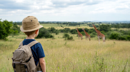 French little boy with giraffe on wildlife savannah safari park africa
