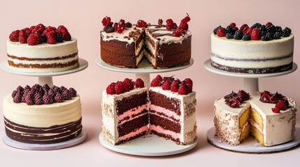 A collection of cakes featuring one that is sliced in half
