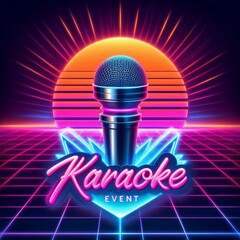 Vibrant neon karaoke event graphic featuring a microphone and retro sunset.