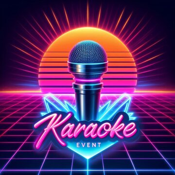 Vibrant neon karaoke event graphic featuring a microphone and retro sunset.