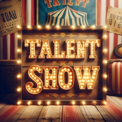Bright and colorful talent show sign with vintage circus theme and light bulbs.