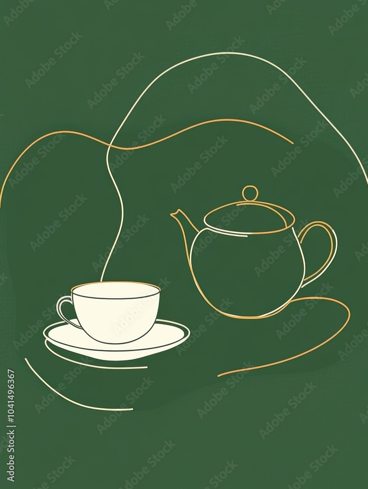 Poster this artwork features an elegant line drawing of a teapot and cup on a soothing green backdrop, idea