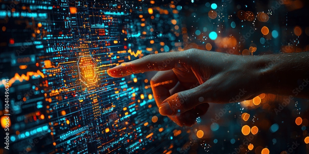 Fototapete Hand Interacting with a Futuristic Interface with Glowing Digital Data and a Chart