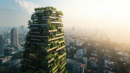 Obraz premium Eco friendly skyscraper adorned with lush greenery rises prominently in the urban landscape showcasing dedication to sustainable architecture