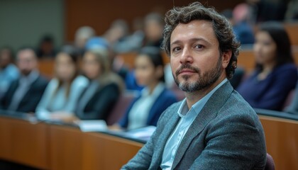 Fototapeta premium Close-up Portrait of a Man with a Beard in a Conference Setting