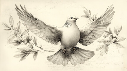 Fototapeta premium Sketch of a Dove with Olive Branch - Detailed Raster Illustration