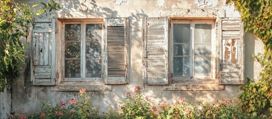 Fototapeta premium Old Typical Mediterranean House Exterior With Weathered Wooden Shutters And Stucco Wall With Peeling Paint Abandoned Old House Overgrown With Weeds And Flowers Decay Concept Aged Photo