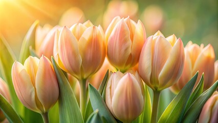 Fototapeta premium A cluster of delicate peach-hued tulips bathed in the warm glow of the setting sun, their petals unfurling in a graceful dance of nature's artistry.