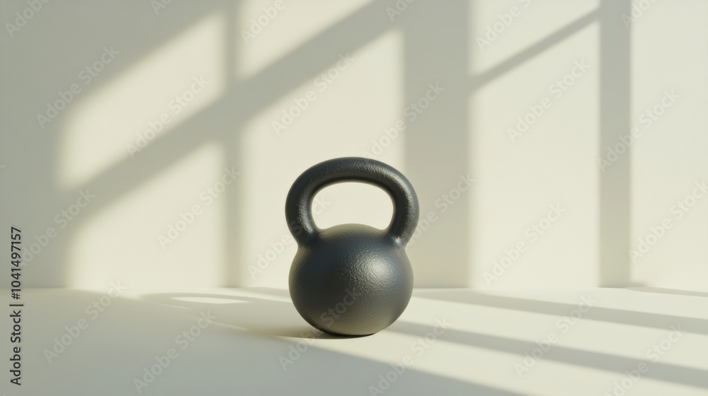 Poster a simple black kettlebell is positioned on a light surface, casting shadows as sunlight fills the fi
