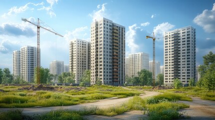 Obraz premium Scenic view of modern apartment buildings under construction, 3D render