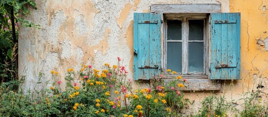 Old Typical Mediterranean House Exterior With Weathered Wooden Shutters And Stucco Wall With Peeling Paint Abandoned Old House Overgrown With Weeds And Flowers Decay Concept Aged Photo