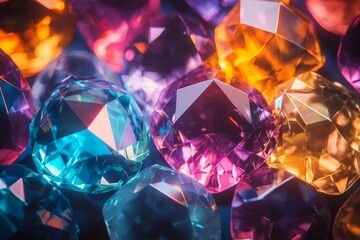 Colorful gemstones, shiny and translucent, arranged in an aesthetically pleasing pattern. 