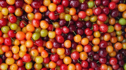 Top view of a vibrant pile of fresh cherries