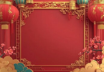 Elegant red background with golden ornate decorations and traditional Chinese lanterns for festive celebrations