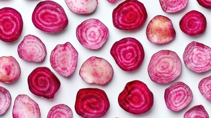 Colorful pink beet slices with detailed textures arranged overlapping on a clean white background