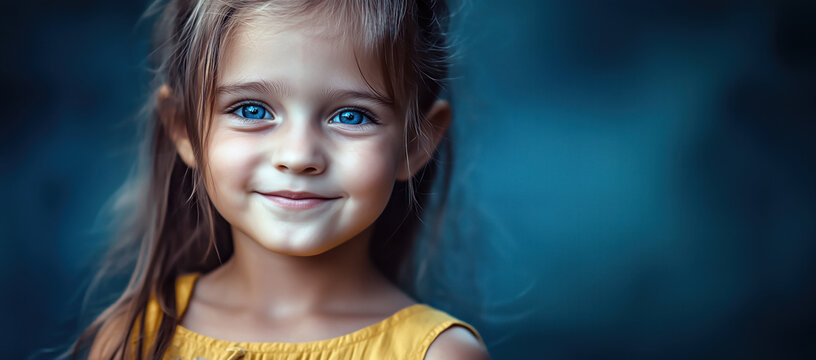 Une adorable petite fille blonde, &acirc;g&eacute;e de 4 ans, souriante, aux yeux bleus, portant une tenue jaune sur un fond sarcelle fonc&eacute;, image avec espace pour texte.