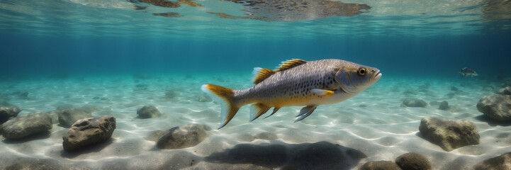 Naklejka premium fish in clear water, panorama, underwater banner with copy space