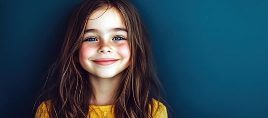 Fototapeta premium Portrait d'une adorable petite fille, âgée de 8 ans, souriante, aux yeux bleus, portant des longs cheveux blonds sur un fond sarcelle foncé, image avec espace pour texte.