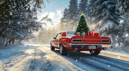 Une voiture rouge avec des cadeaux de Noël et un sapin, roulant sur une route forestière enneigée par une belle journée d'hiver. Concept de moyen de transport moderne du Père Noël.