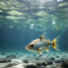 Naklejka premium A small, beautiful fish swims in clear blue water