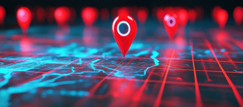 Carte num&eacute;rique abstraite avec des &eacute;pingles ou des marqueurs de localisation sur un fond de grille, brillant dans des couleurs bleues et rouges, un concept de technologie futuriste.