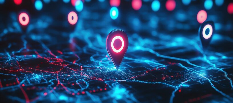 Une carte num&eacute;rique abstraite avec des &eacute;pingles de localisation brillantes avec lumi&egrave;res bleues et rouges sur un fond sombre, un concept de technologie.