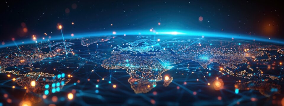 Carte du monde numérique abstraite avec des connexions de réseau mondial et le transfert de données, design sur le thème de l'Intelligence Artificielle.