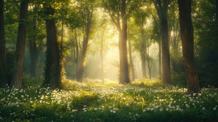 Obraz premium Soft dawn light filters through trees casting a gentle glow on a serene forest clearing adorned with lush greenery and delicate blooms