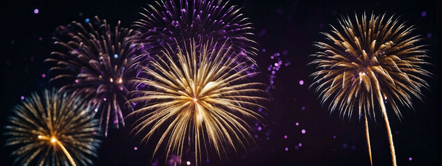 Obraz premium Vibrant gold and dark violet fireworks illuminate the night sky for New Year celebrations