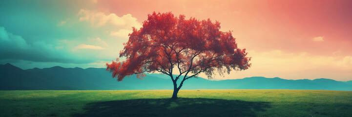 Naklejka premium A solitary red tree amidst a vibrant landscape under a colorful sky