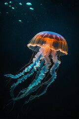 A glowing jellyfish drifts gracefully through deep ocean waters at night