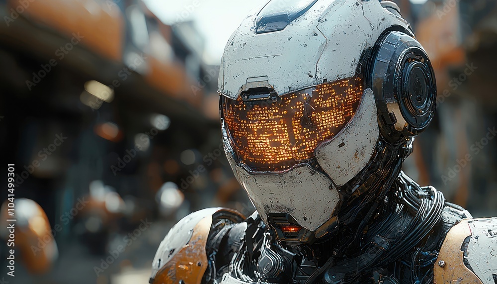 Poster close-up of a sci-fi robot with a glowing visor and worn helmet