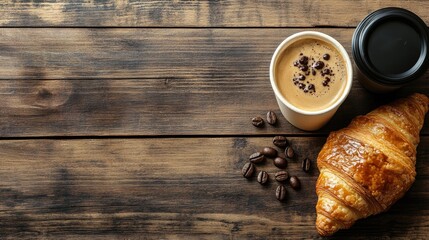 Wooden surface featuring a take away coffee alongside a fresh croissant adorned with chocolate drops offering ample space for text