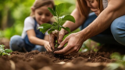 A family planting trees together in a lush forest, symbolizing unity in ecological conservation and future generations