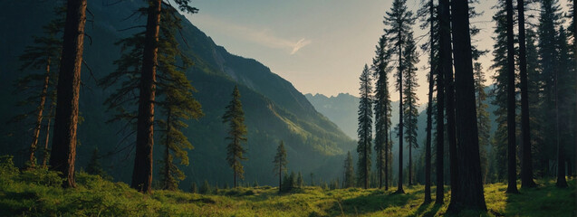 Serene forest landscape with towering trees and distant mountains during sunrise